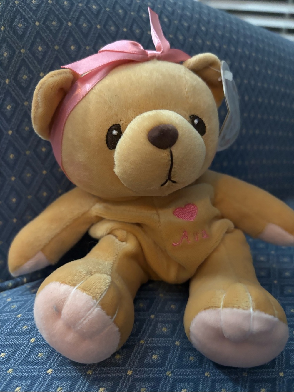 Vintage Cherished Teddies Plush Bear Ava with Pink Headband Bow & Heart